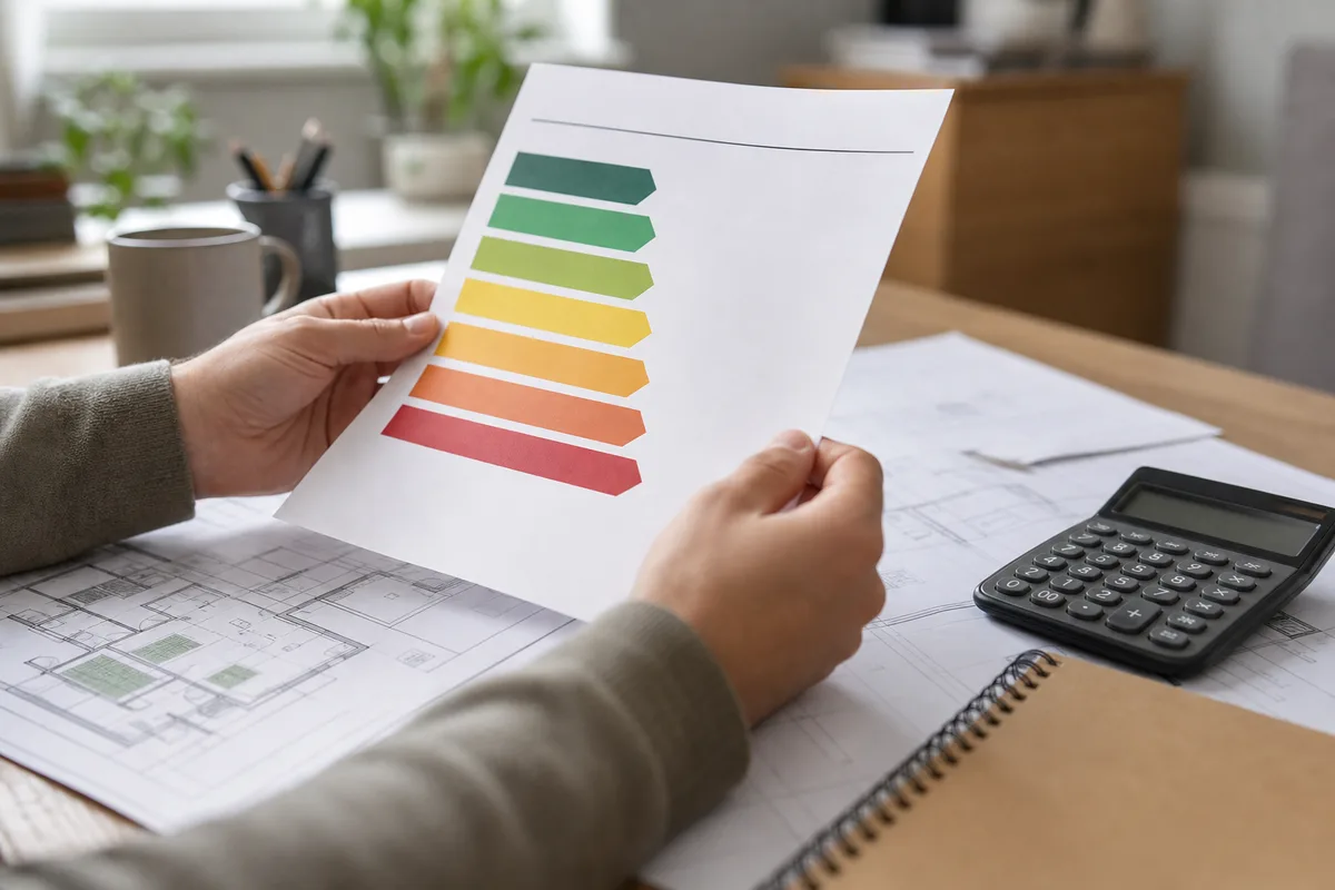 Étiquette énergie d&rsquo;un logement posée sur des plans de rénovation