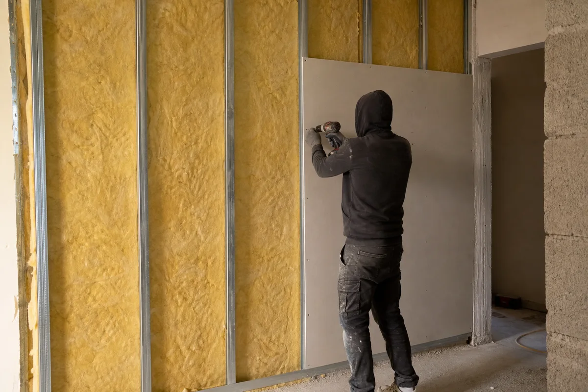 Pose d&rsquo;un doublage isolant avec plaque de plâtre sur ossature métallique