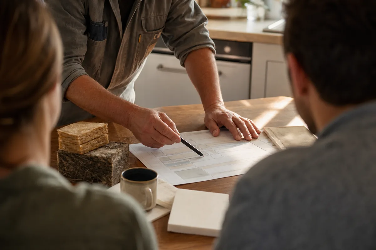 Artisan présentant un devis de rénovation énergétique à des propriétaires