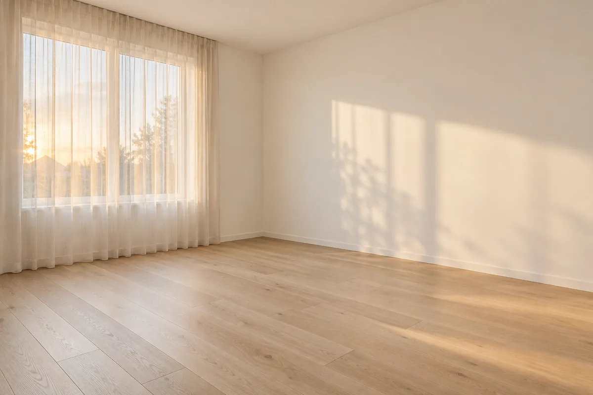 Chambre calme aux murs lisses et clairs, lumière naturelle douce, pièce vide