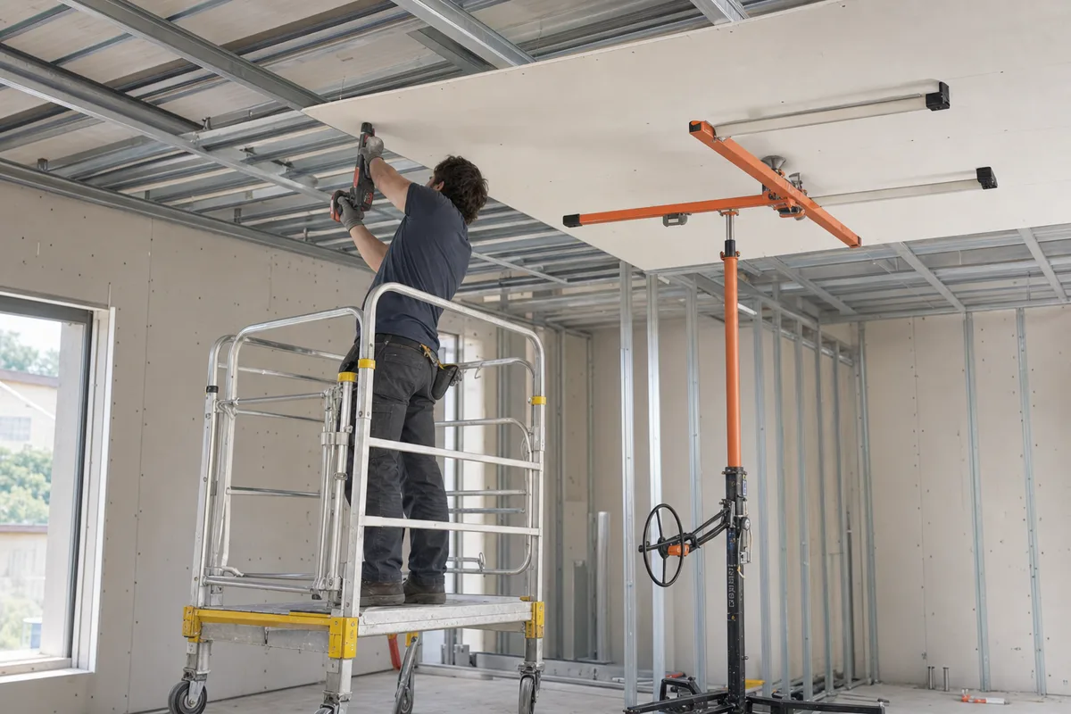 Plaquiste sur plateforme roulante vissant une plaque au plafond
