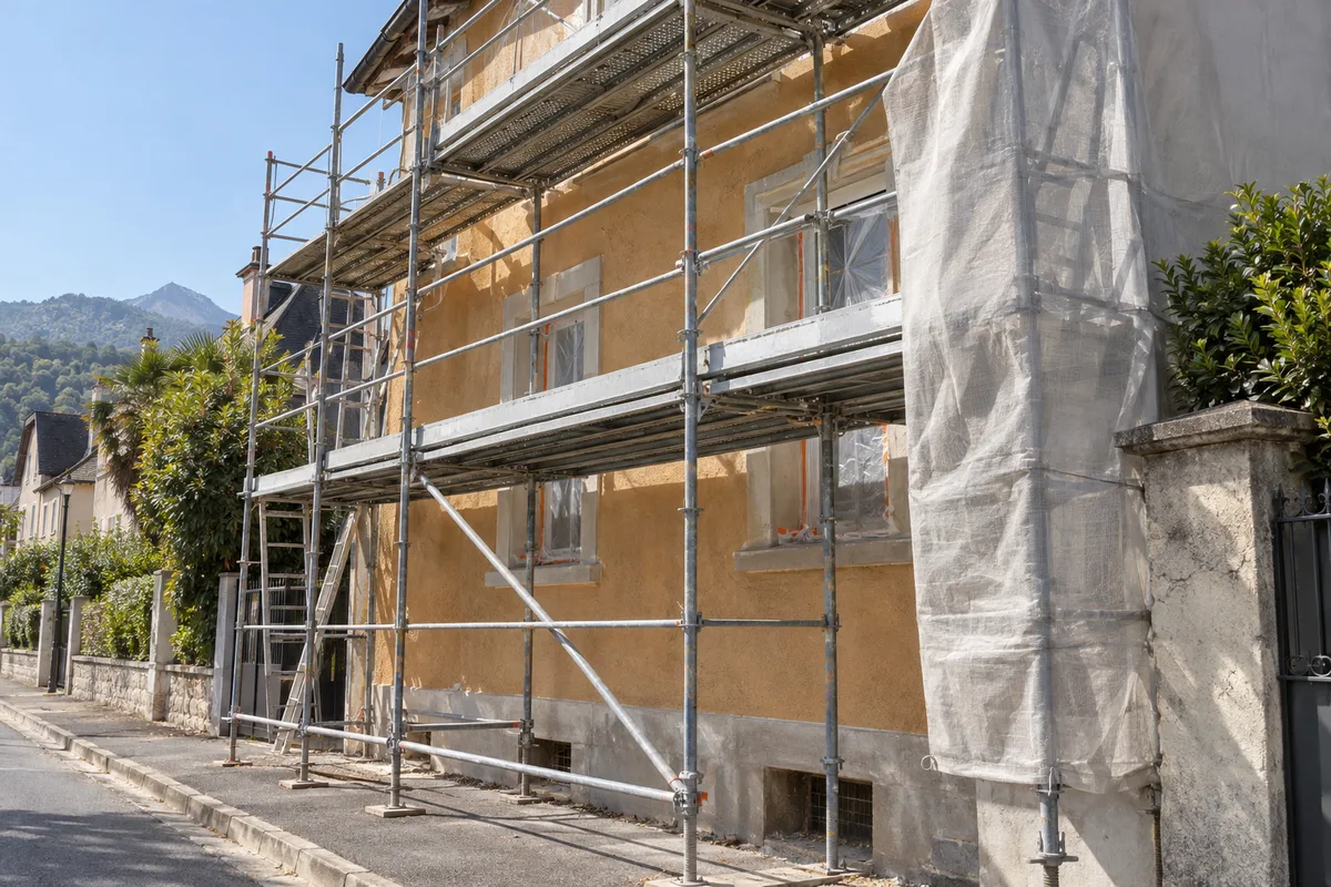 Échafaudage monté contre la façade d&rsquo;une maison en rénovation
