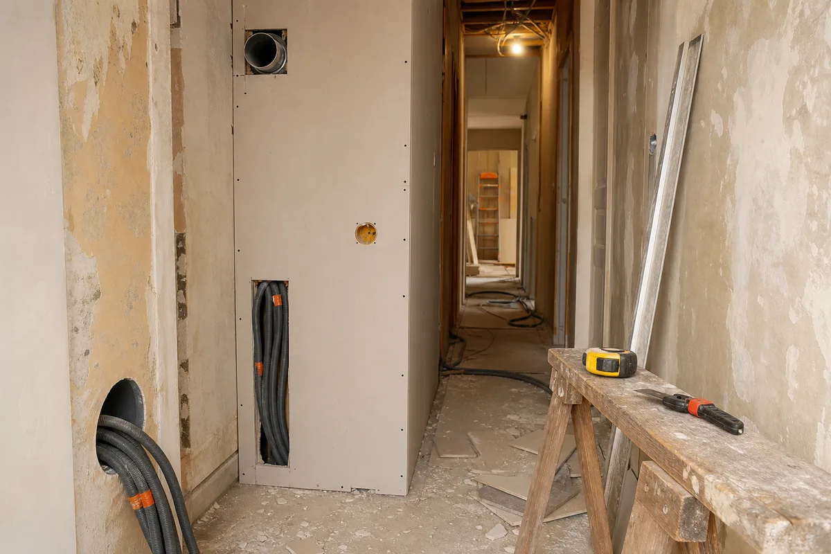 Découpes de plaques de plâtre autour de gaines techniques dans un couloir en chantier