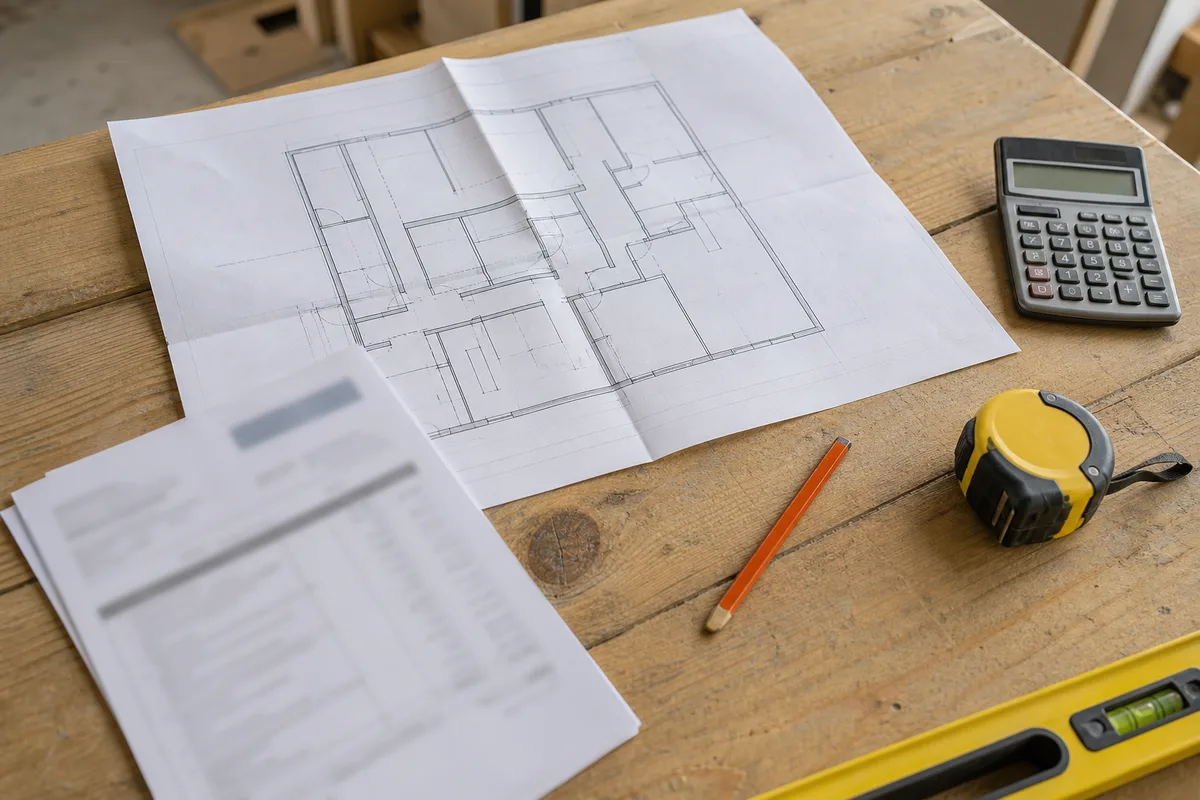 Devis de travaux de plâtrerie, calculatrice et mètre posés sur un plan de chantier