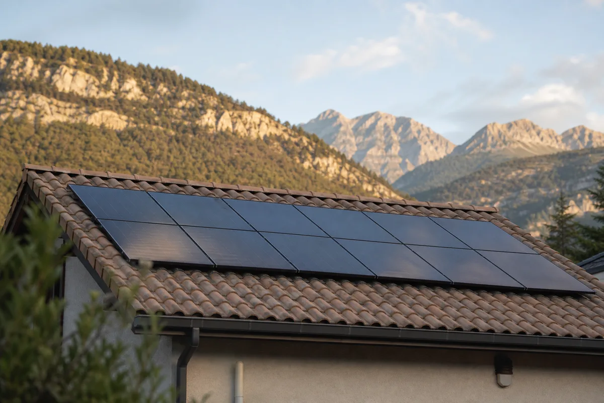 Panneaux photovoltaïques posés sur le toit d&rsquo;une maison de montagne en fin de journée