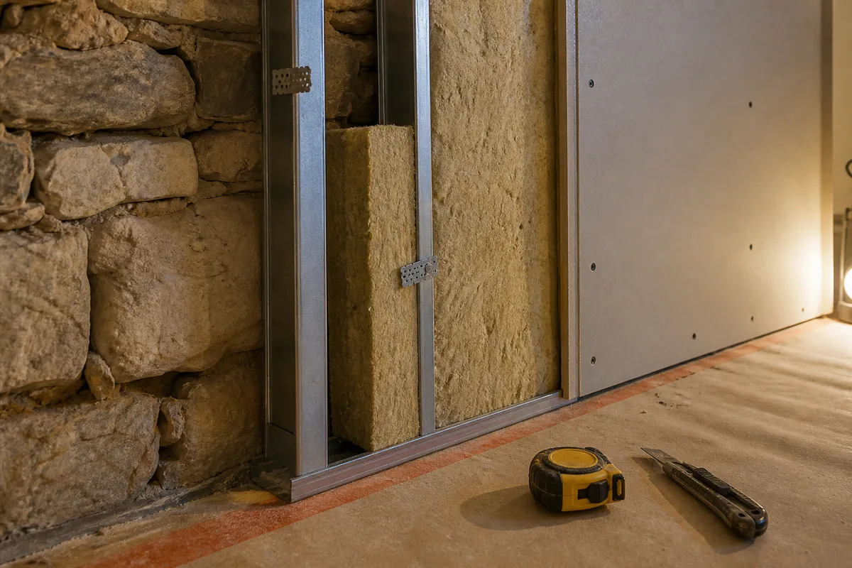 Complexe de doublage isolant en cours de pose contre un mur ancien en pierre