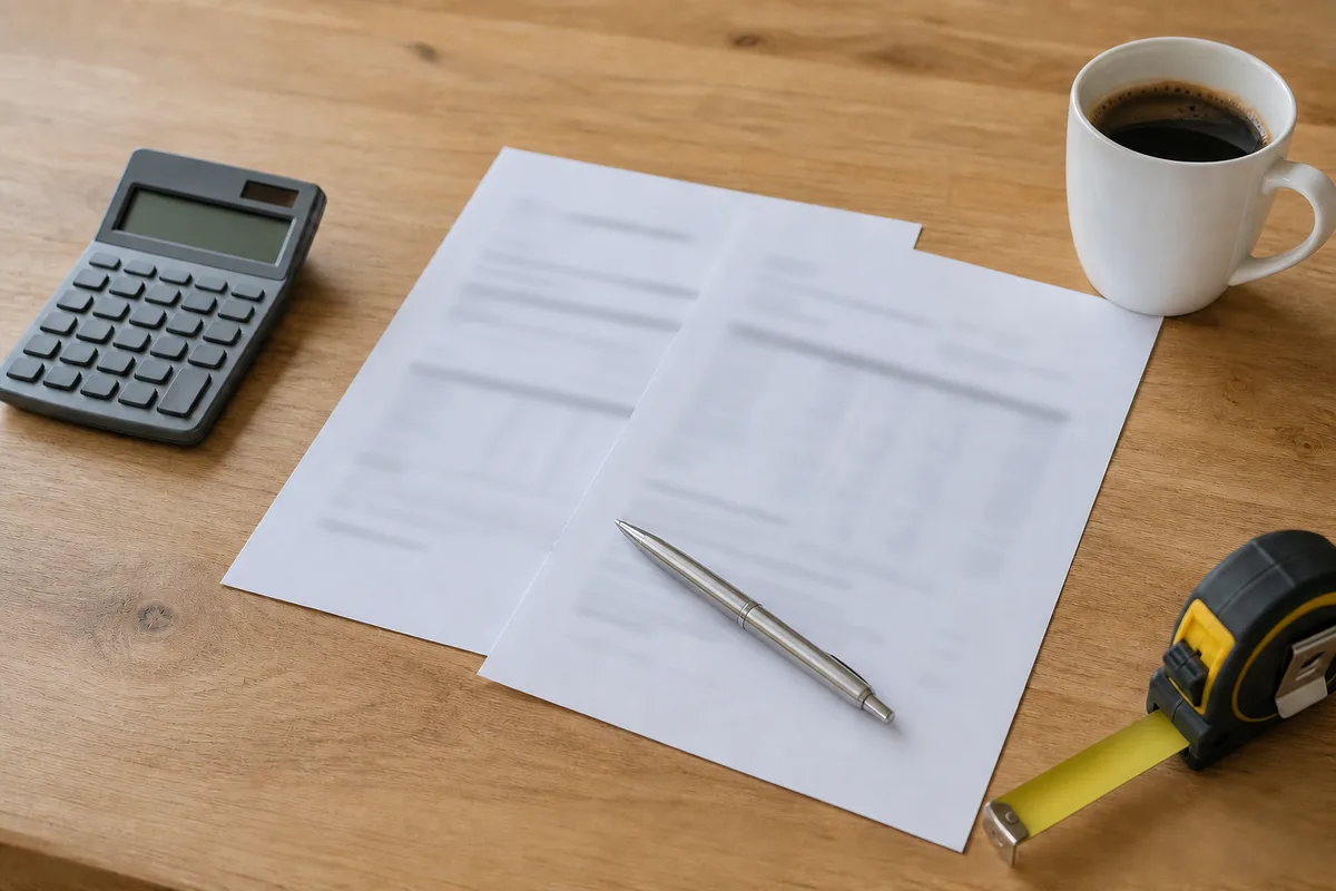 Devis de travaux de rénovation détaillant plusieurs lignes de TVA sur une table de bureau